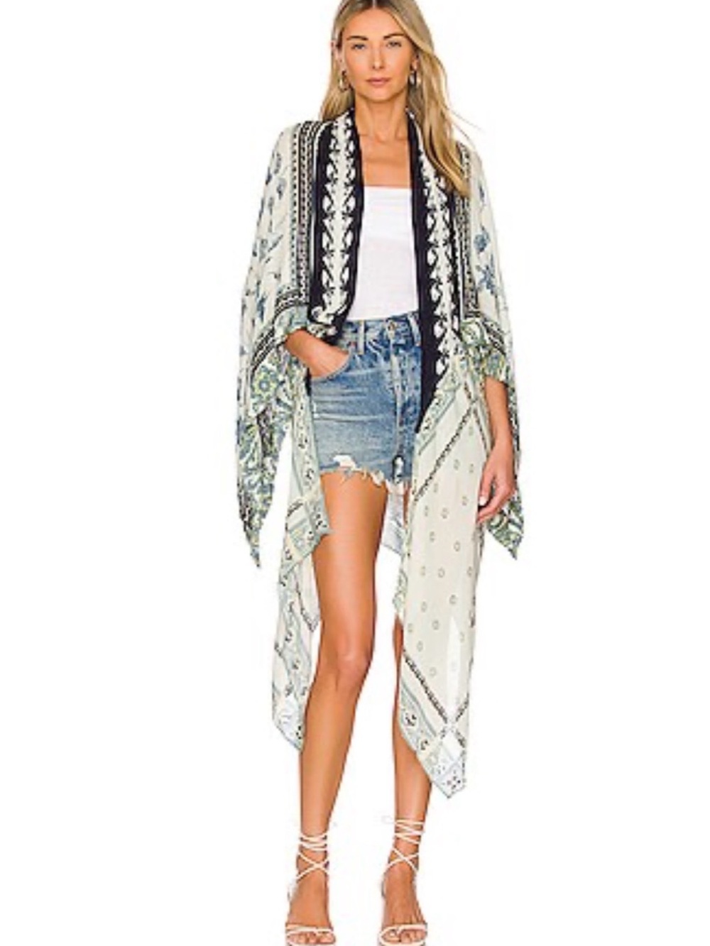 Free People Kiss The Sky Butterfly Kimono Blue Ivory Floral Boho One Size OS